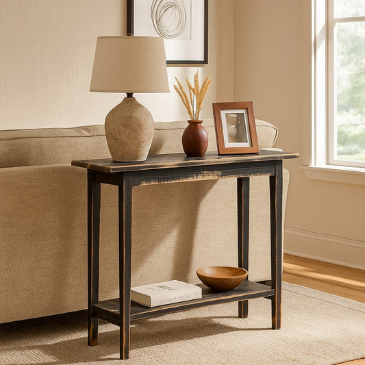 Duro Sofa Console Table with Open Shelf, Reclaimed Wood, Antique Black
