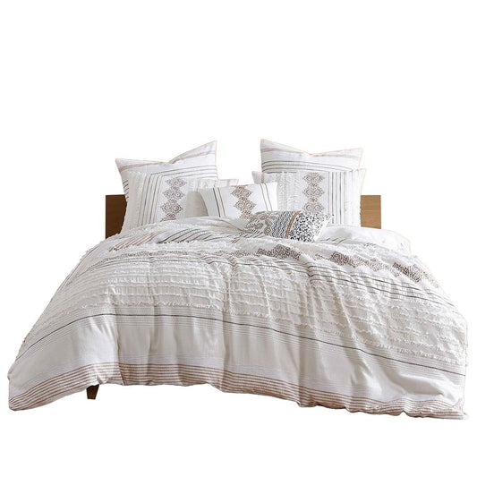 Jela 5pc Queen Comforter Set, Shams, White Clipped Jacquard Stripe