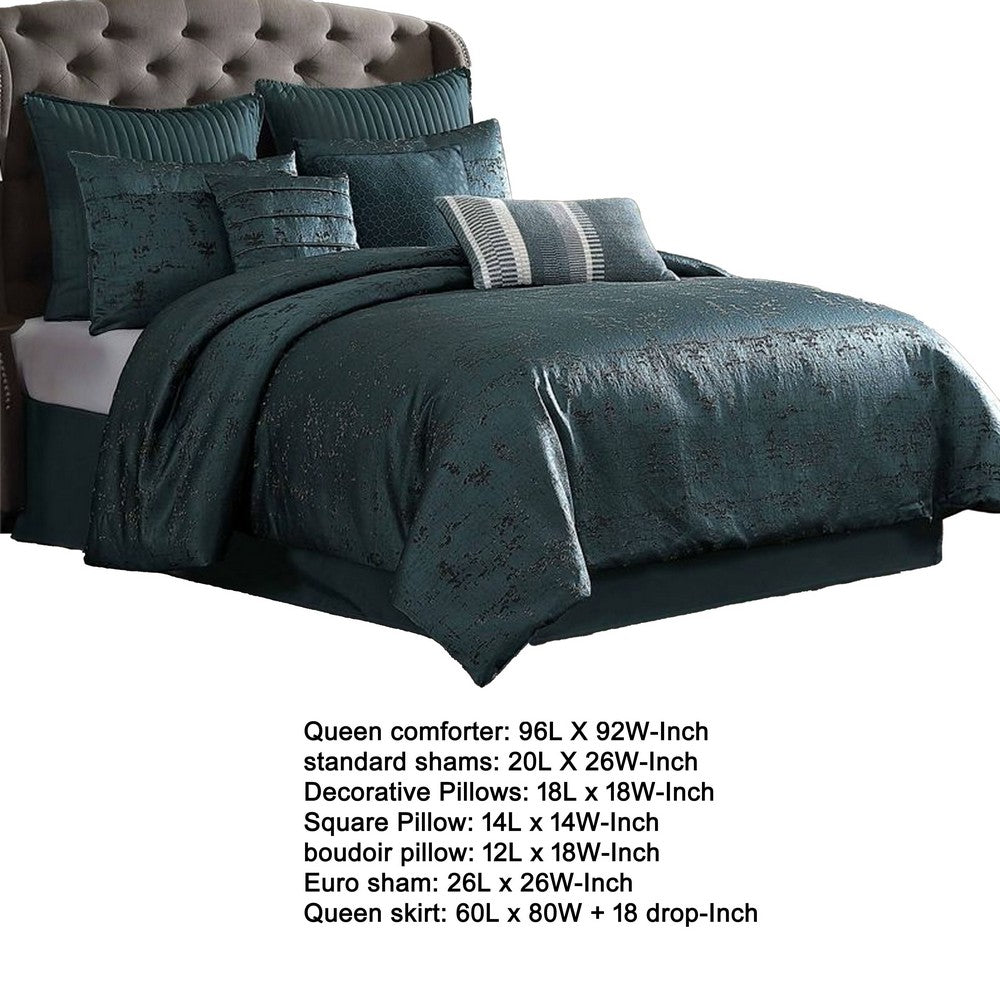 Beny 9pc King Size Comforter Set, Dark Turquoise Blue Woven Jacquard