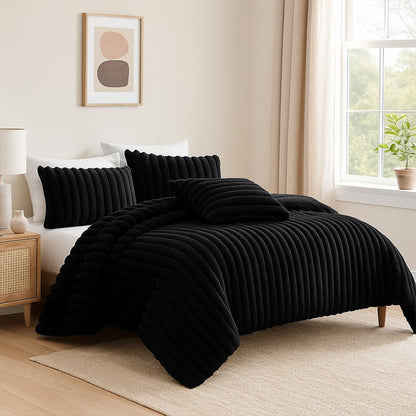 Sieno 4pc King Comforter Set, Shams, Black Faux Fur, Micro Mink Back