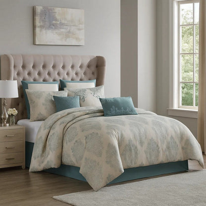 Regy 10pc Queen Size Comforter Set with Shams, Blue Gray Medallion