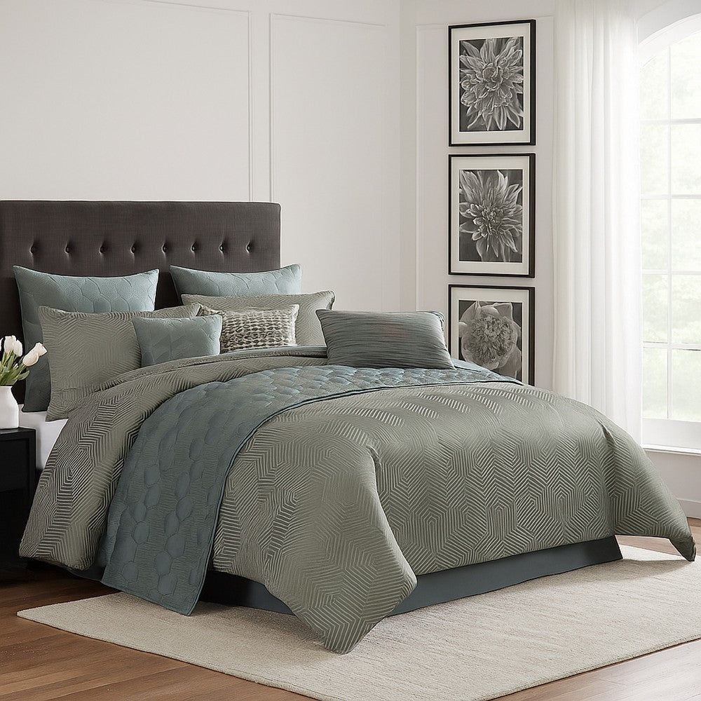 Mely 10pc Coverlet King Comforter Set, Shams, Green Woven Jacquard