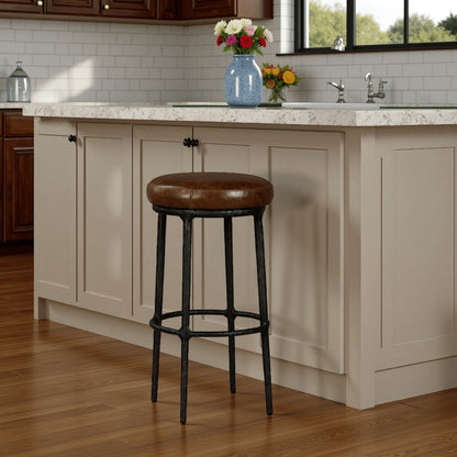 Mey Counter Stool, Brown Leather Round Seat, Black Forged Iron Base