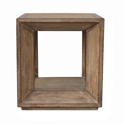 Limy Side End Table, 22 Inch Square Top, Shelf, Antique Brown Wood