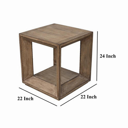 Limy Side End Table, 22 Inch Square Top, Shelf, Antique Brown Wood