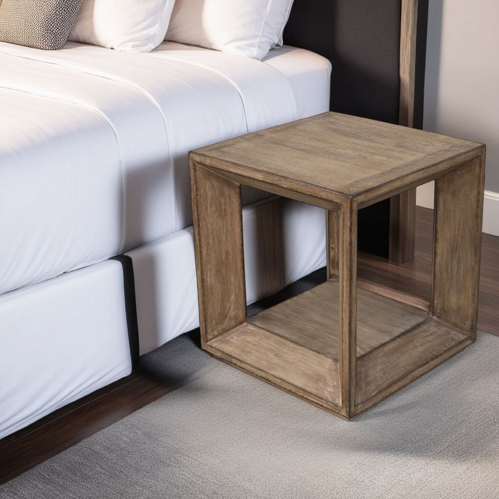 Limy Side End Table, 22 Inch Square Top, Shelf, Antique Brown Wood