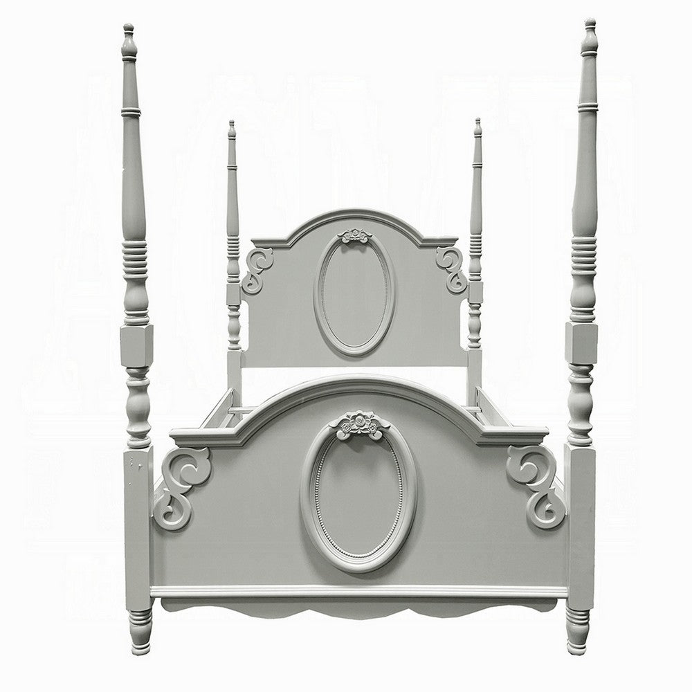 Auri Twin Size Poster Bed, Arch Headboard, Classic Floral Motifs, Gray