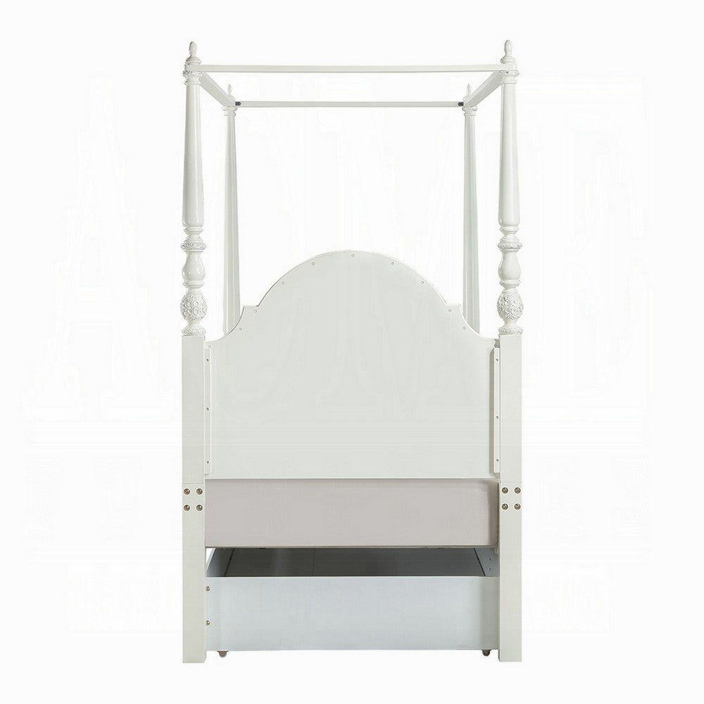 Dorie Twin Size Poster Bed, Embossed Floral and Oval Molding, Ivory
