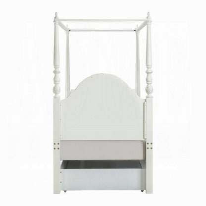 Dorie Twin Size Poster Bed, Embossed Floral and Oval Molding, Ivory
