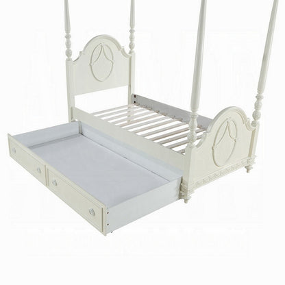 Dorie Twin Size Poster Bed, Embossed Floral and Oval Molding, Ivory