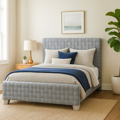 Reah Queen Size Bed, Light Teal Blue Chenille, Gray Panel Headboard