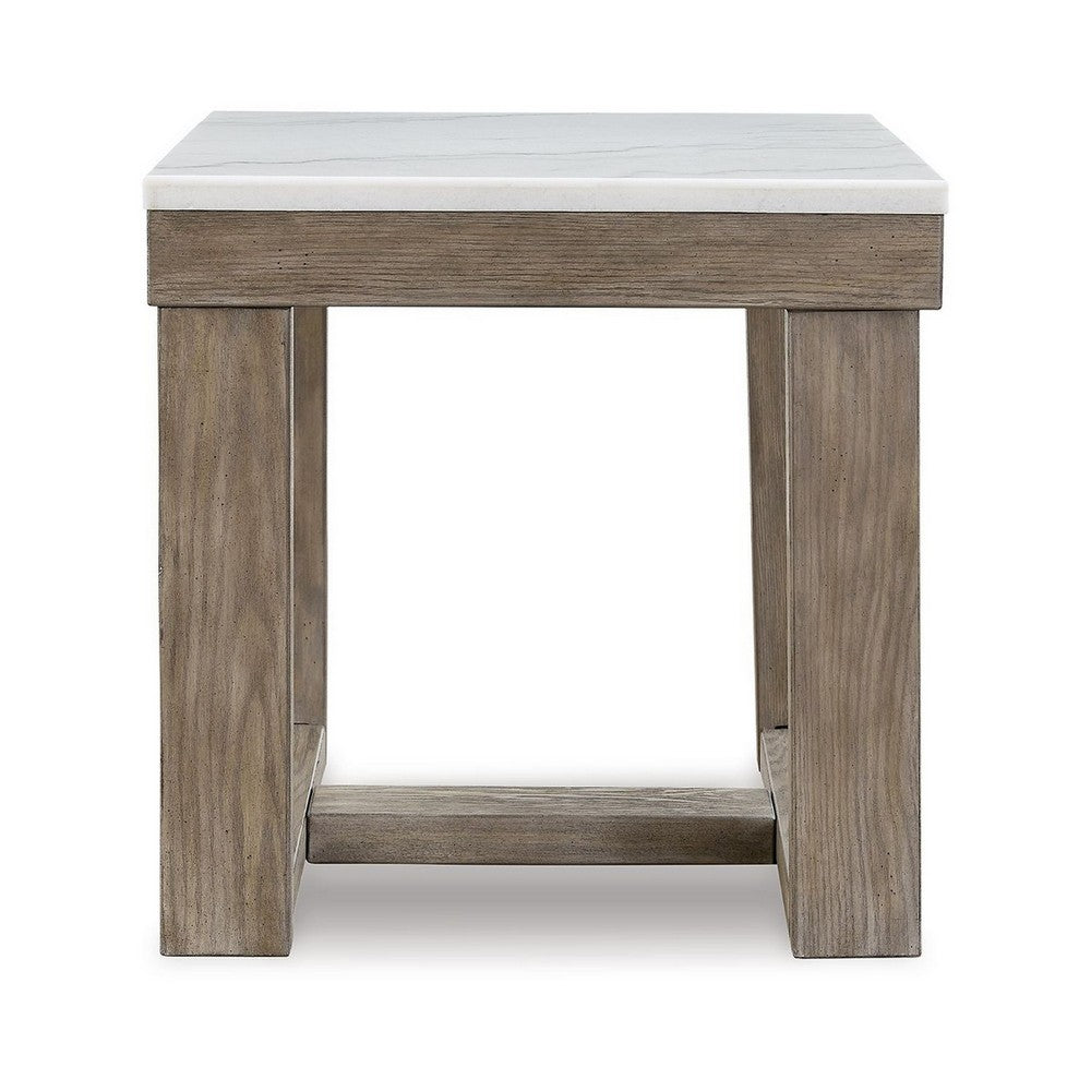 Aska Side End Table, Block Profile, Marble, 24 Inch Taupe Gray Wood