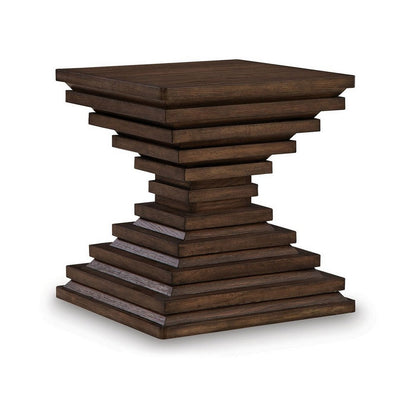 Reem Side End Table, Square Geometric Hourglass, 28 Inch Dark Brown