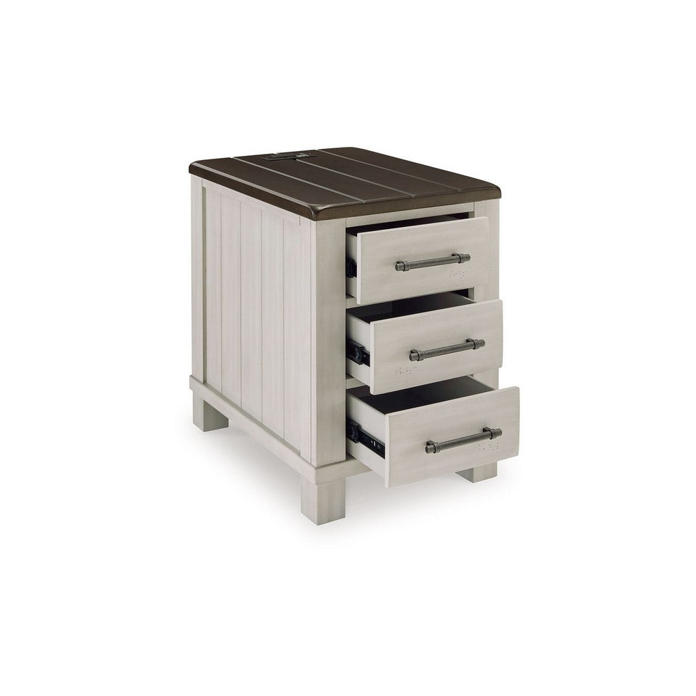 Barb Chairside End Table, 3 Drawers, 24 Inch Glazed Gray Acacia Wood