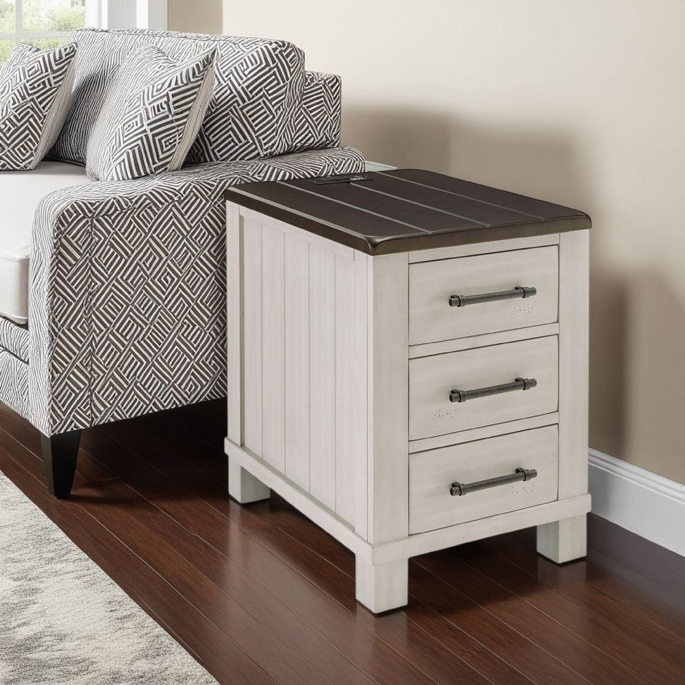 Barb Chairside End Table, 3 Drawers, 24 Inch Glazed Gray Acacia Wood