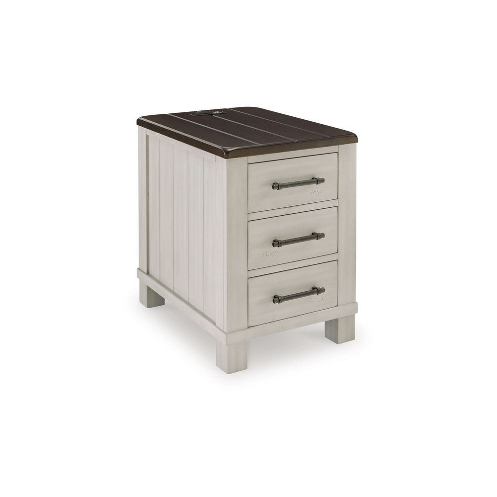 Barb Chairside End Table, 3 Drawers, 24 Inch Glazed Gray Acacia Wood