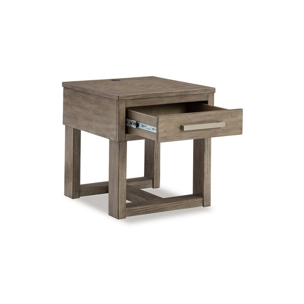 Aska Rectangular Side End Table with Drawer, USB Port, 24 Inch Gray