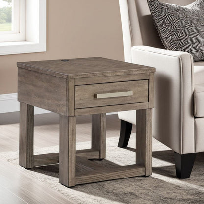 Zoko Chairside End Table, Drawer and USB Ports, Ash Gray Wood, 26 Inch
