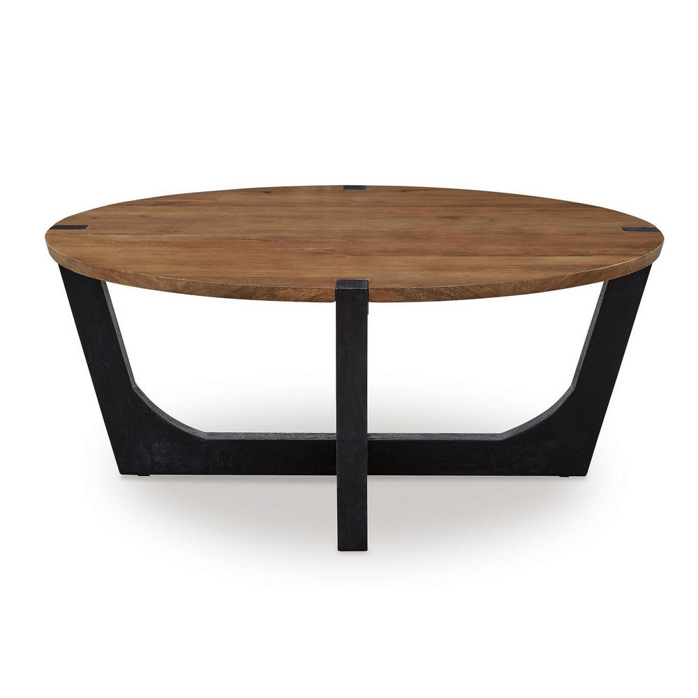 Leyi Round Coffee Table, Angled Legs, 44 Inch Brown Mango Wood