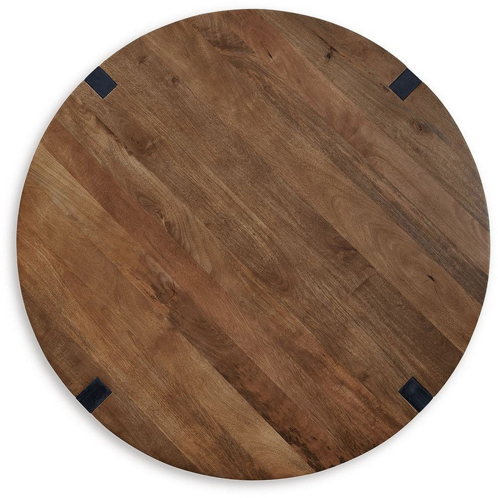 Leyi Round Coffee Table, Angled Legs, 44 Inch Brown Mango Wood