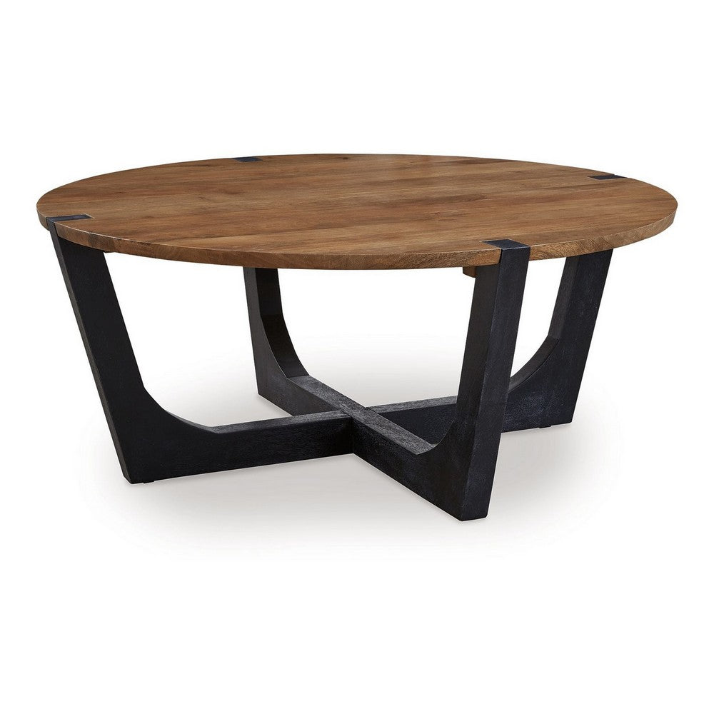 Leyi Round Coffee Table, Angled Legs, 44 Inch Brown Mango Wood