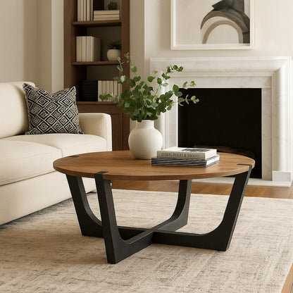 Leyi Round Coffee Table, Angled Legs, 44 Inch Brown Mango Wood