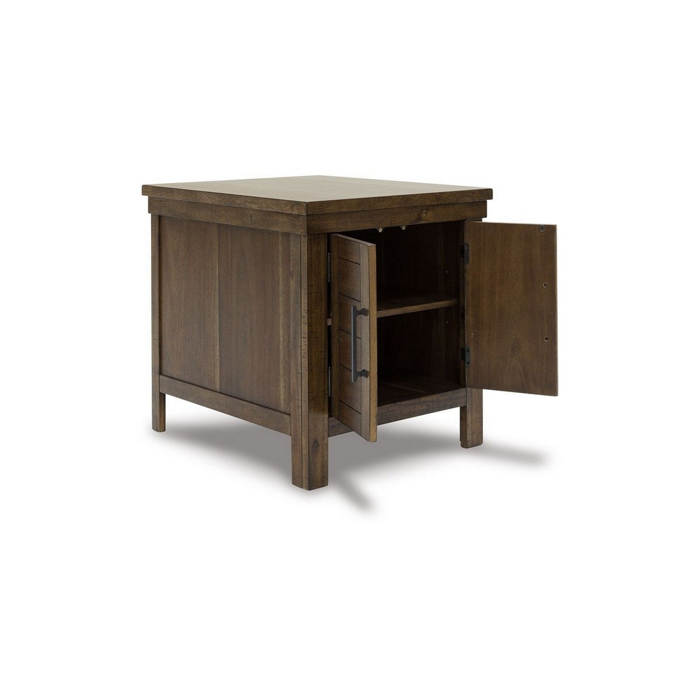 Chip Side End Table, Dual Door Cabinet, 26 Inch Rustic Brown Wood