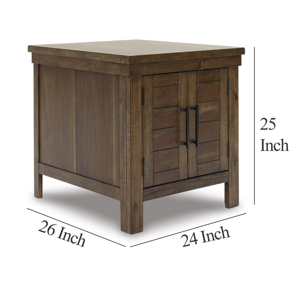 Chip Side End Table, Dual Door Cabinet, 26 Inch Rustic Brown Wood