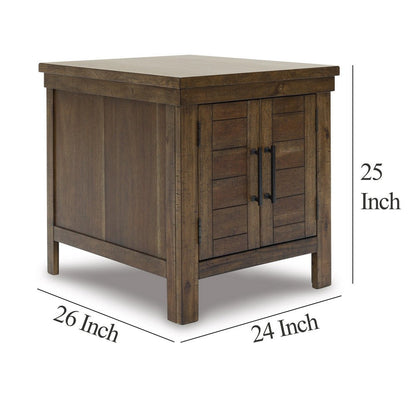 Chip Side End Table, Dual Door Cabinet, 26 Inch Rustic Brown Wood