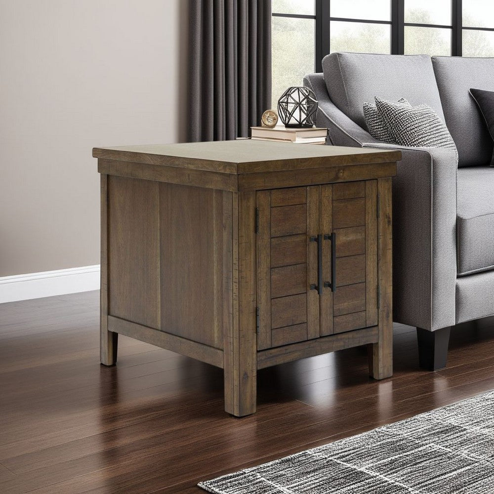 Chip Side End Table, Dual Door Cabinet, 26 Inch Rustic Brown Wood
