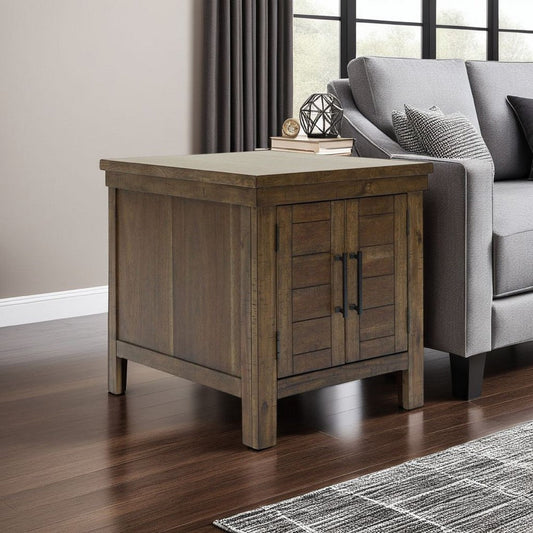 Chip Side End Table, Dual Door Cabinet, 26 Inch Rustic Brown Wood