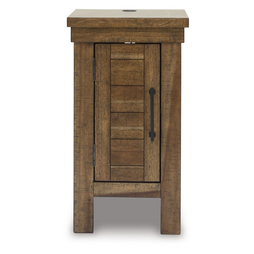 Chip Chairside End Table, Cabinet, 2 USB Ports, 17 Inch Brown Wood