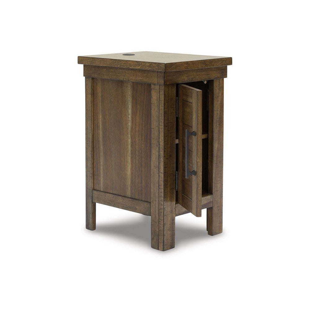 Chip Chairside End Table, Cabinet, 2 USB Ports, 17 Inch Brown Wood