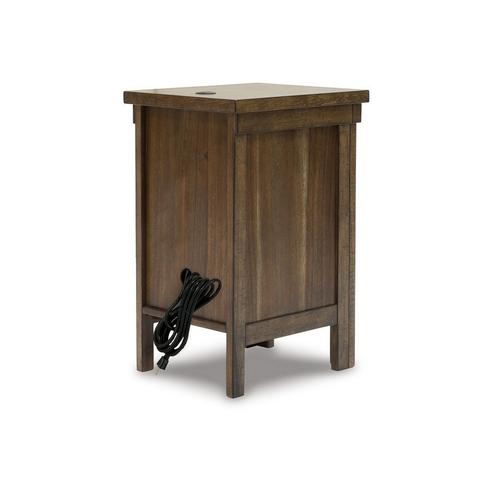 Chip Chairside End Table, Cabinet, 2 USB Ports, 17 Inch Brown Wood