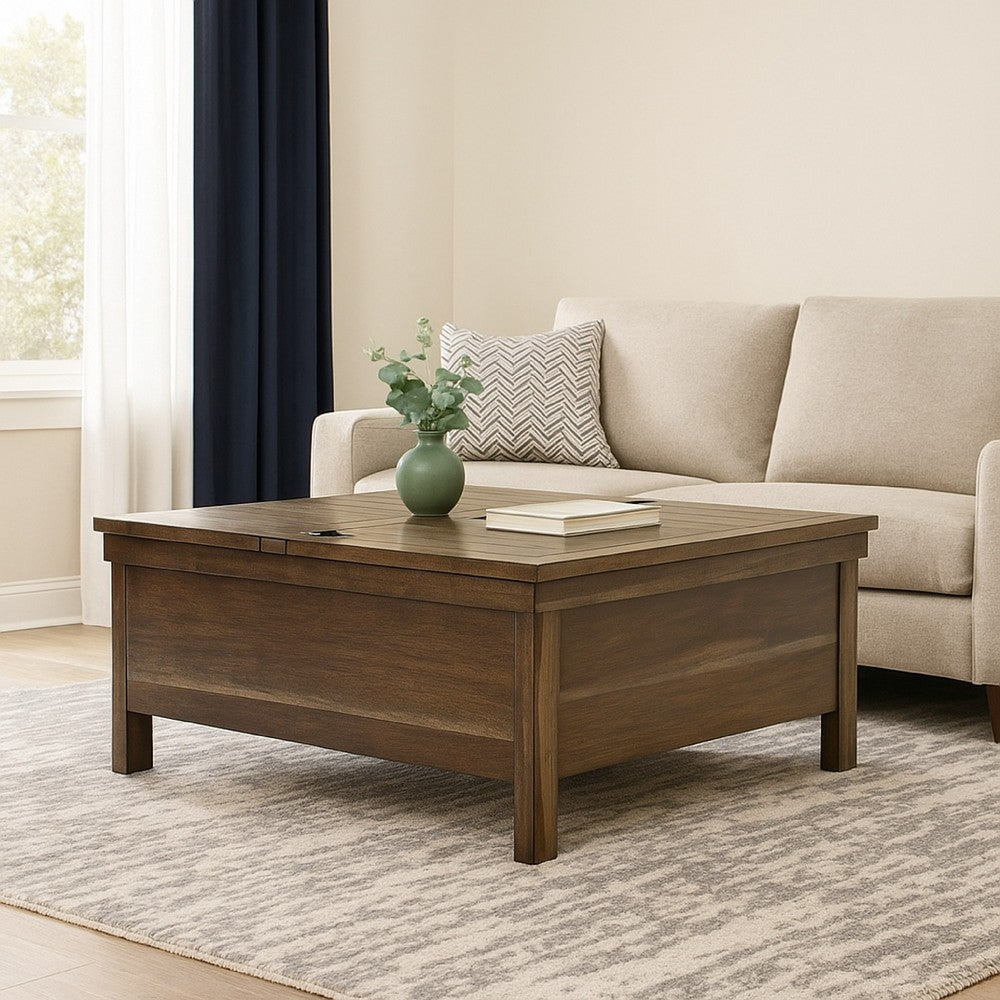 Chip Lift Top Coffee Table, Hidden Storage, 36 Inch Brown Acacia Wood