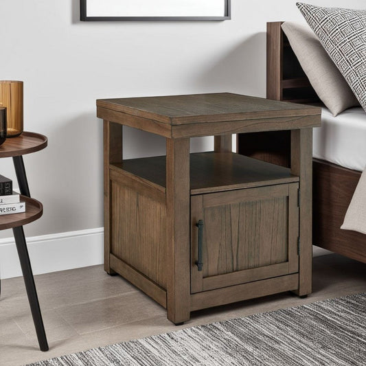 Olaf Side End Table, Open Shelf and Cabinet, 26 Inch Brown Acacia Wood