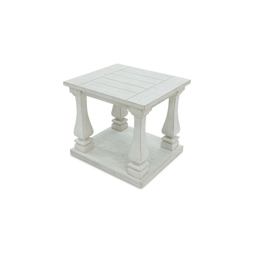 Dyne Side End Table, Plank Top, Baluster Legs, 27 Inch White Hardwood