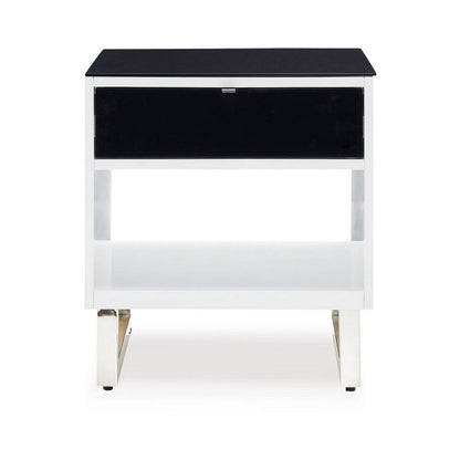 Tonny Side End Table, Drawer and Shelf, Black Glass, White, 22 Inch
