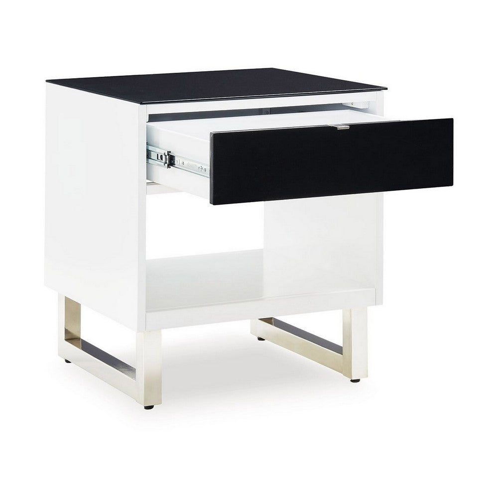 Tonny Side End Table, Drawer and Shelf, Black Glass, White, 22 Inch
