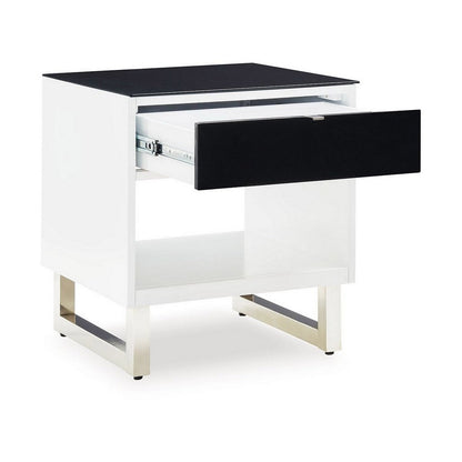 Tonny Side End Table, Drawer and Shelf, Black Glass, White, 22 Inch