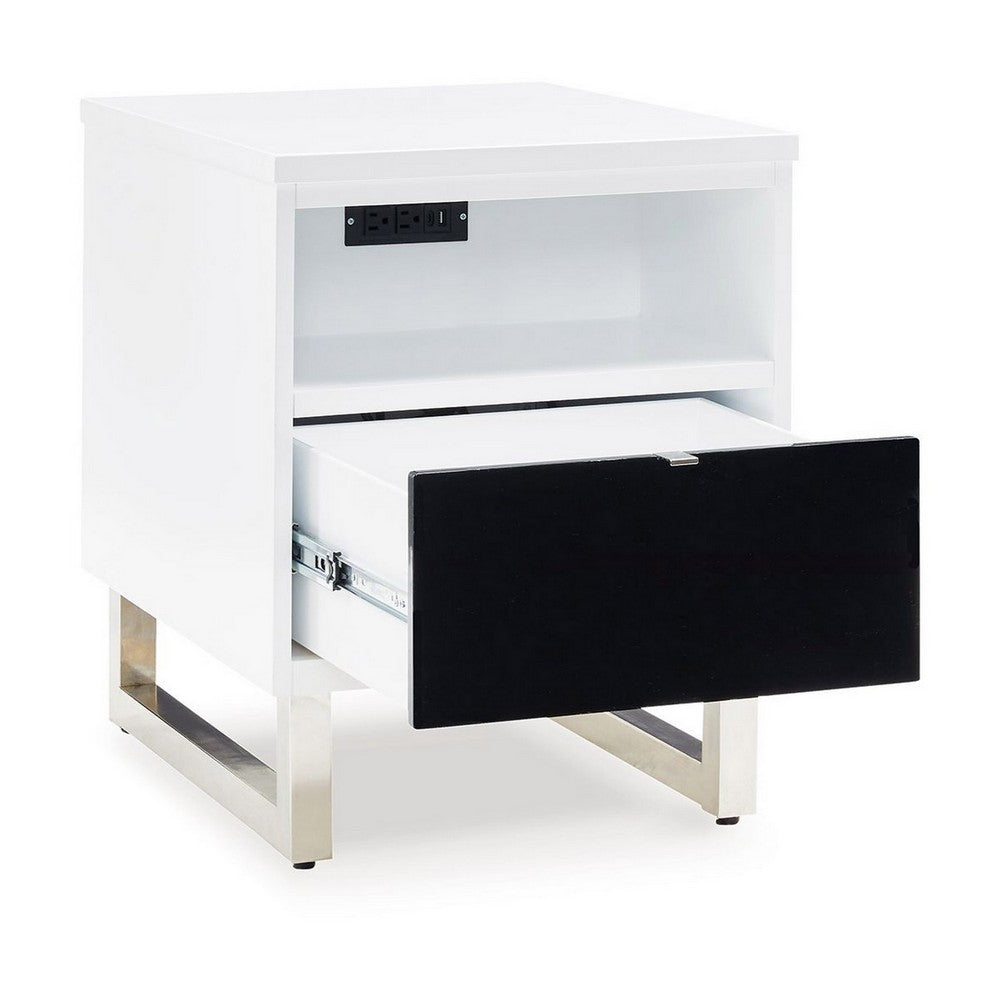 Tonny Chair Side Table, Dual USB Ports, Black Glass, White, 24 Inch