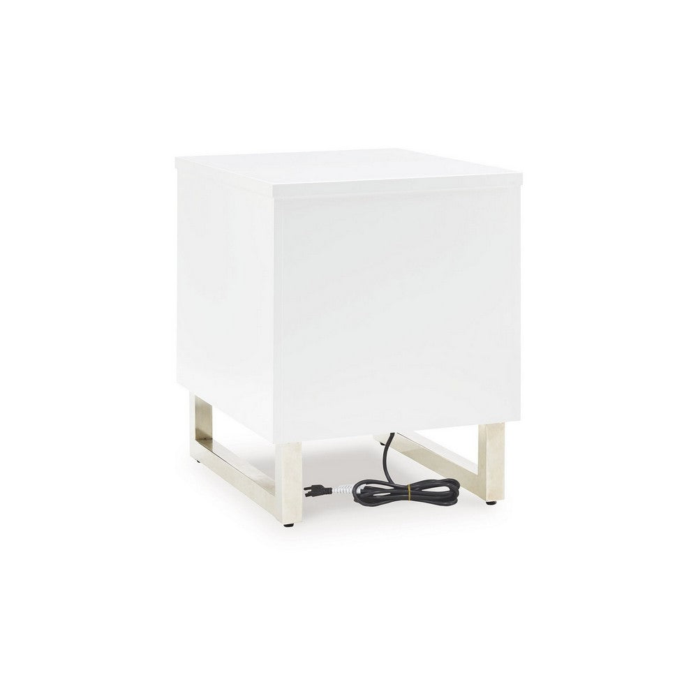 Tonny Chair Side Table, Dual USB Ports, Black Glass, White, 24 Inch