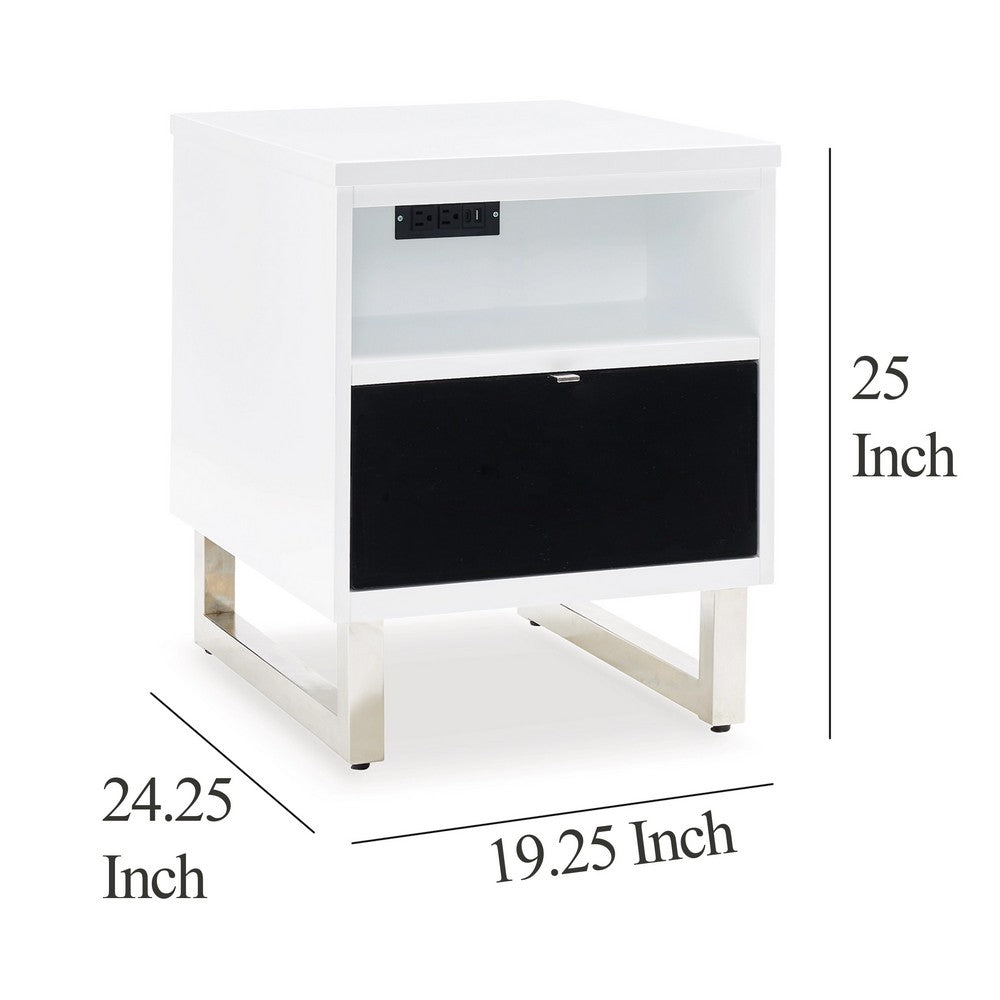 Tonny Chair Side Table, Dual USB Ports, Black Glass, White, 24 Inch