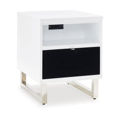 Tonny Chair Side Table, Dual USB Ports, Black Glass, White, 24 Inch