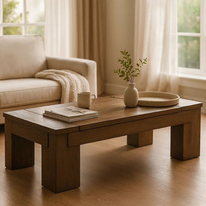 Wain Lift Top Cocktail Coffee Table, 54 Inch Rustic Brown Solid Wood