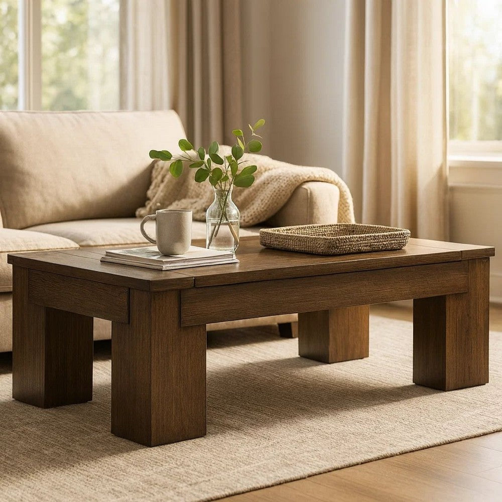 Wain Lift Top Cocktail Coffee Table, 54 Inch Rustic Brown Solid Wood