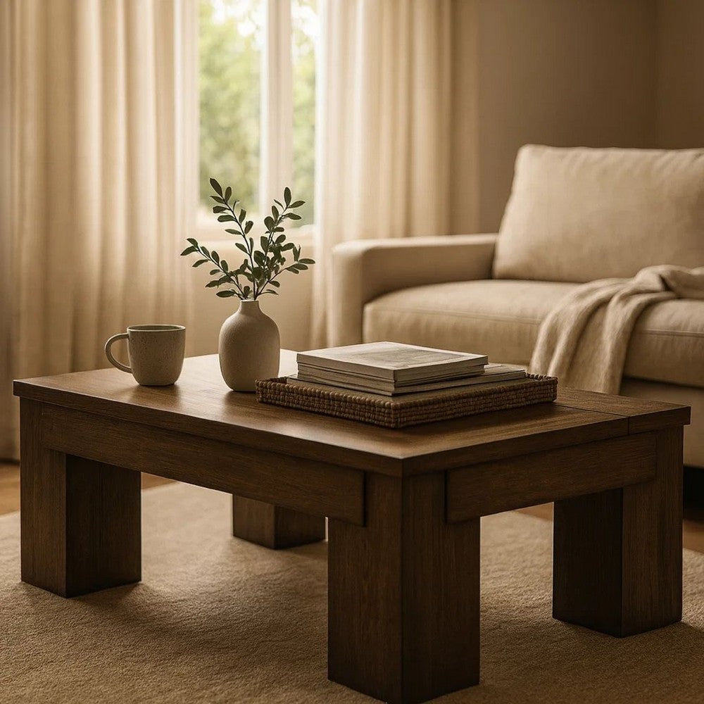 Wain Lift Top Cocktail Coffee Table, 54 Inch Rustic Brown Solid Wood