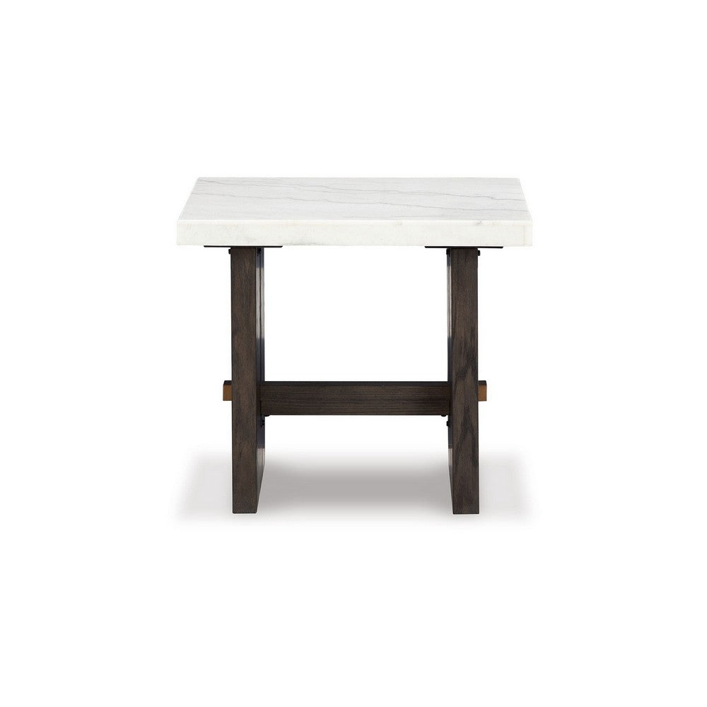 Haus Side End Table, Marble Top, Panel Legs, 26 Inch Brown Solid Wood