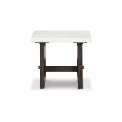 Haus Side End Table, Marble Top, Panel Legs, 26 Inch Brown Solid Wood