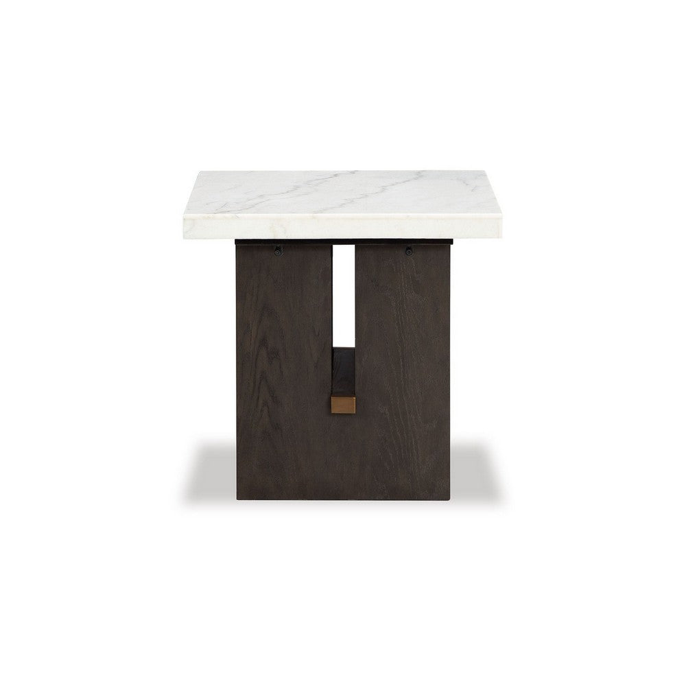 Haus Side End Table, Marble Top, Panel Legs, 26 Inch Brown Solid Wood